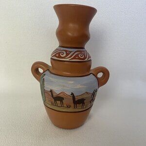 Clay Vase Desert Scene 11” by 8” Pottery Double Handle Cactus Llamas Southwest